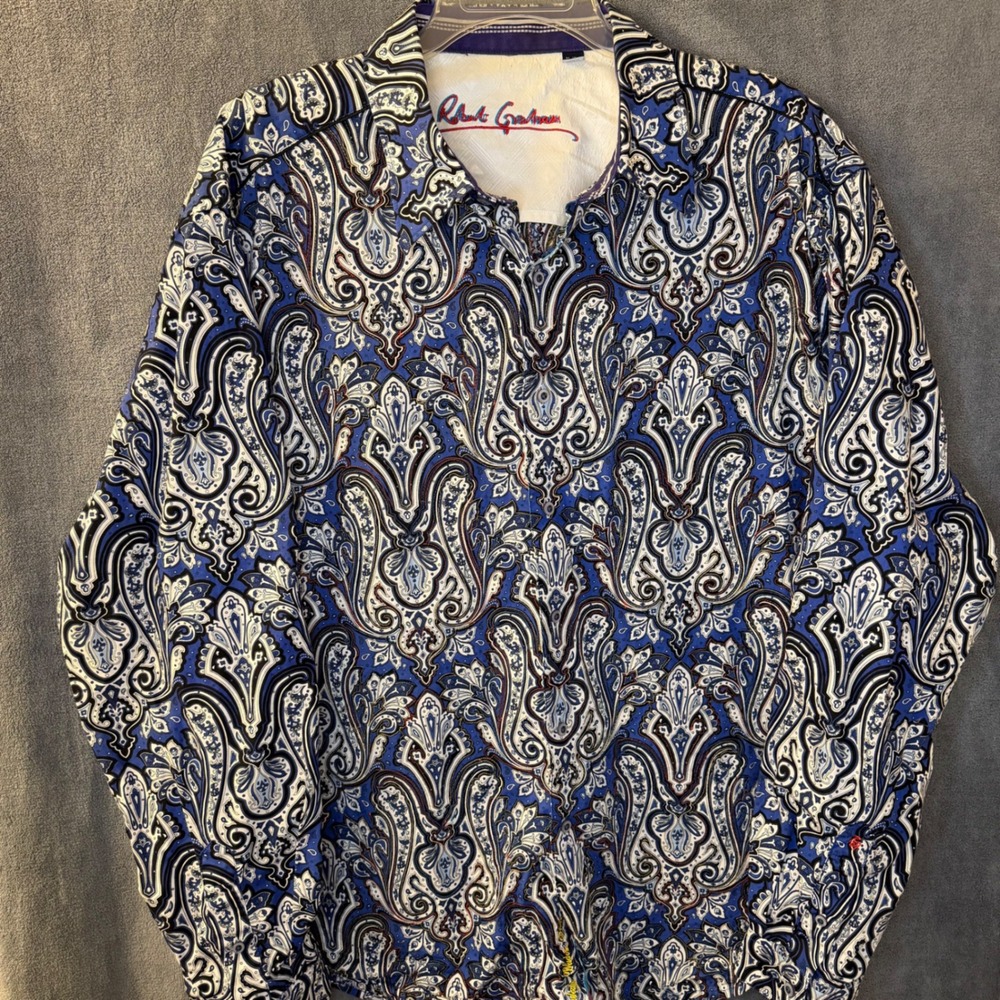 Robert Graham Luxe Blue Paisley Embroidered Mens XL L/Sleeve Button Down Shirt